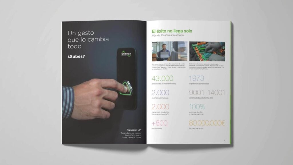 Doble página del catálogo de Ascensores Eninter maquetada por Mariona Agency