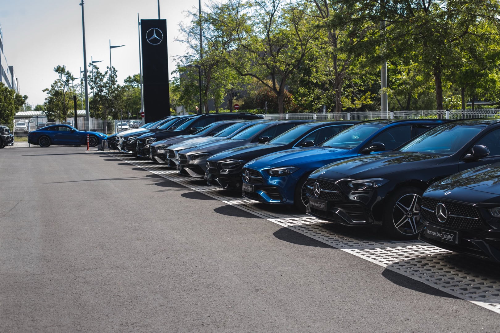 La gama Mercedes-Benz alineada en Castelldefels antes de salir hacia las Cavas Vilarnau