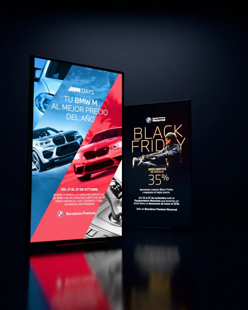 Visualisation: BMW Barcelona Premium’s M Days and Black Friday Motorrad campaigns on backlit totems at night