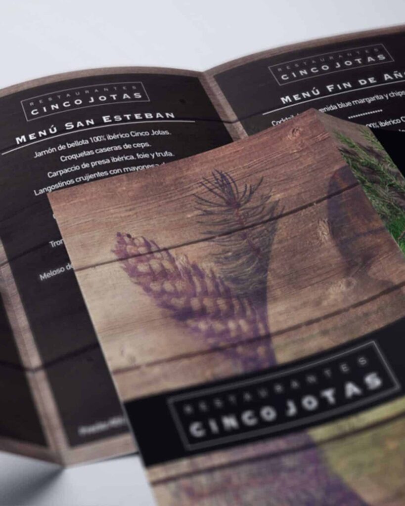 Cartas de Cinco Jotas: menús de San Esteban y Fin de Año, con la marca en la cubierta