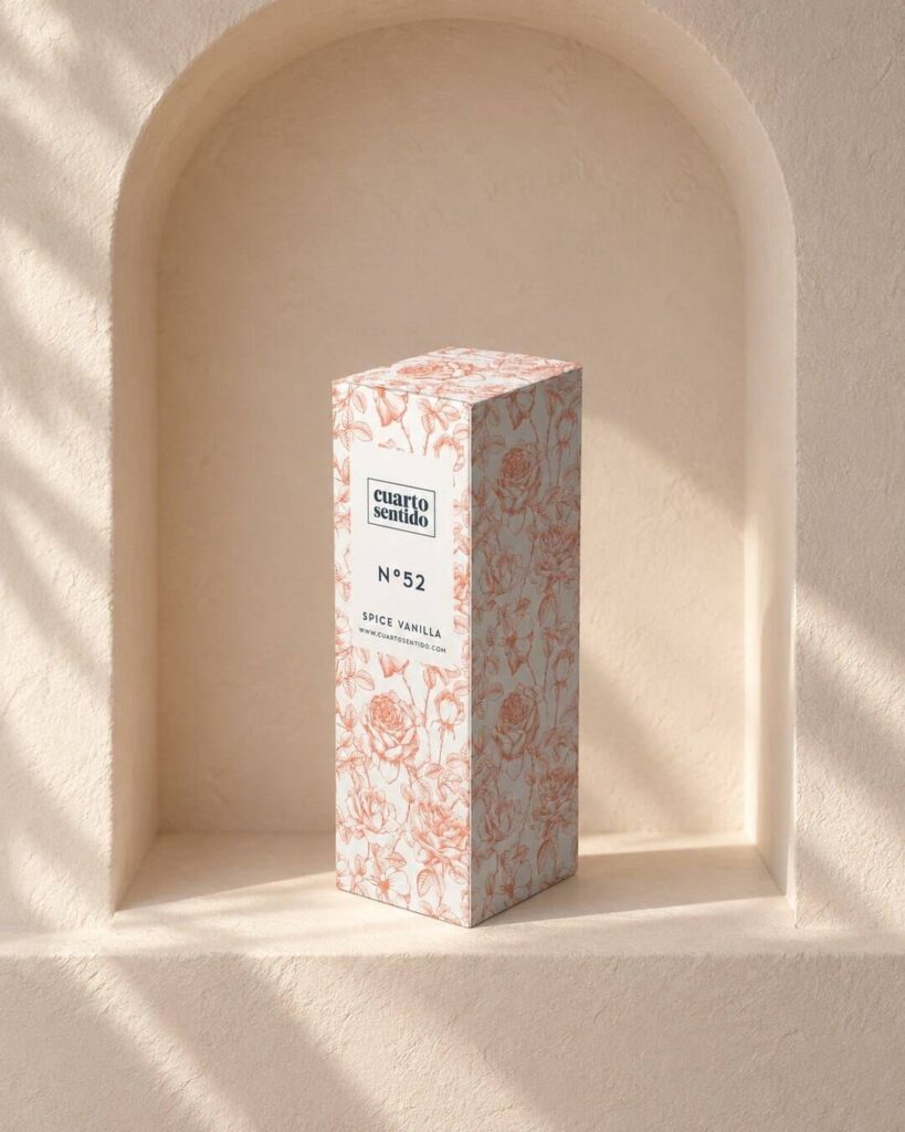 Recreación: estuche del perfume N.º 52 de Cuarto Sentido en una hornacina