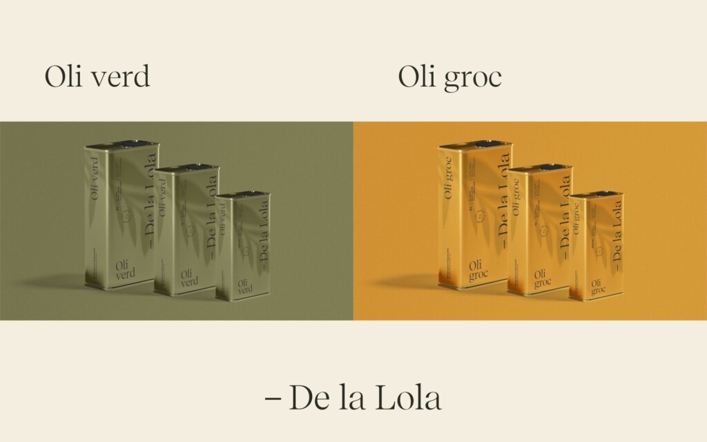 De la Lola Oli verd and Oli groc tins in several sizes, on the colours of each range