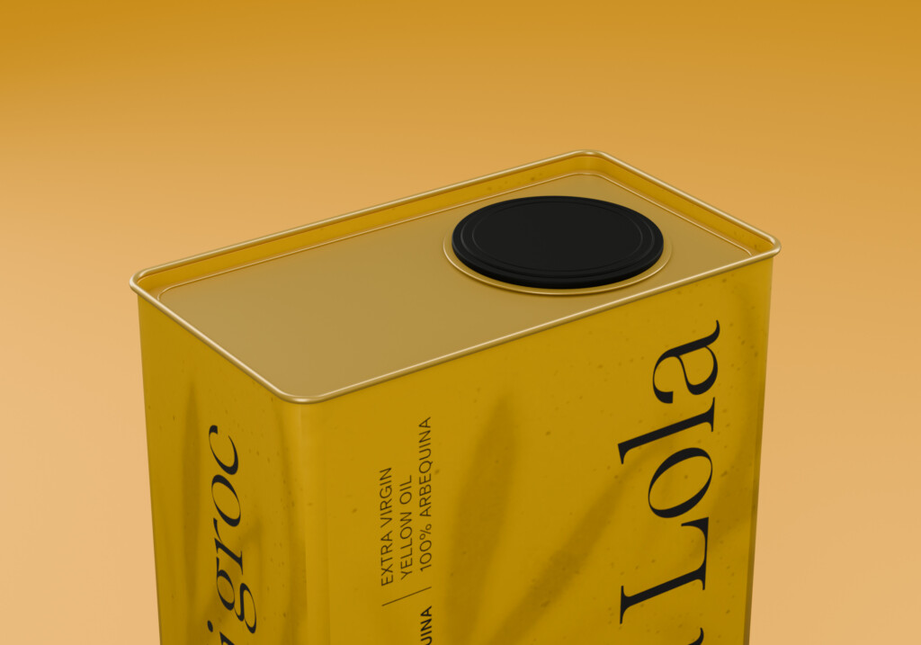 3D visualisation of the closure on the 3-litre Oli groc tin: lid, metal rim and cap
