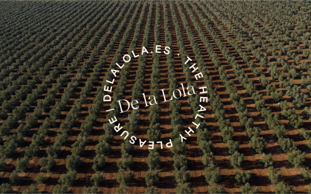 The circular De la Lola seal over an aerial view of the olive grove