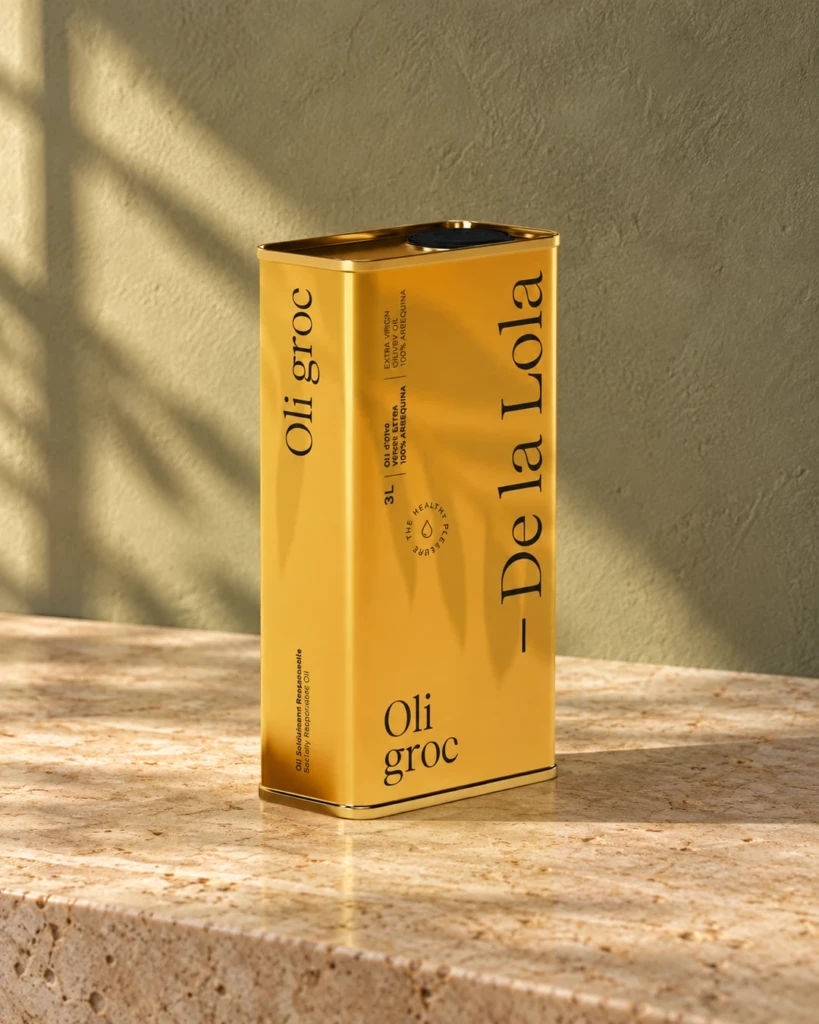 Visualisation: a tin of De la Lola Oli groc oil on a stone worktop, in the sunlight
