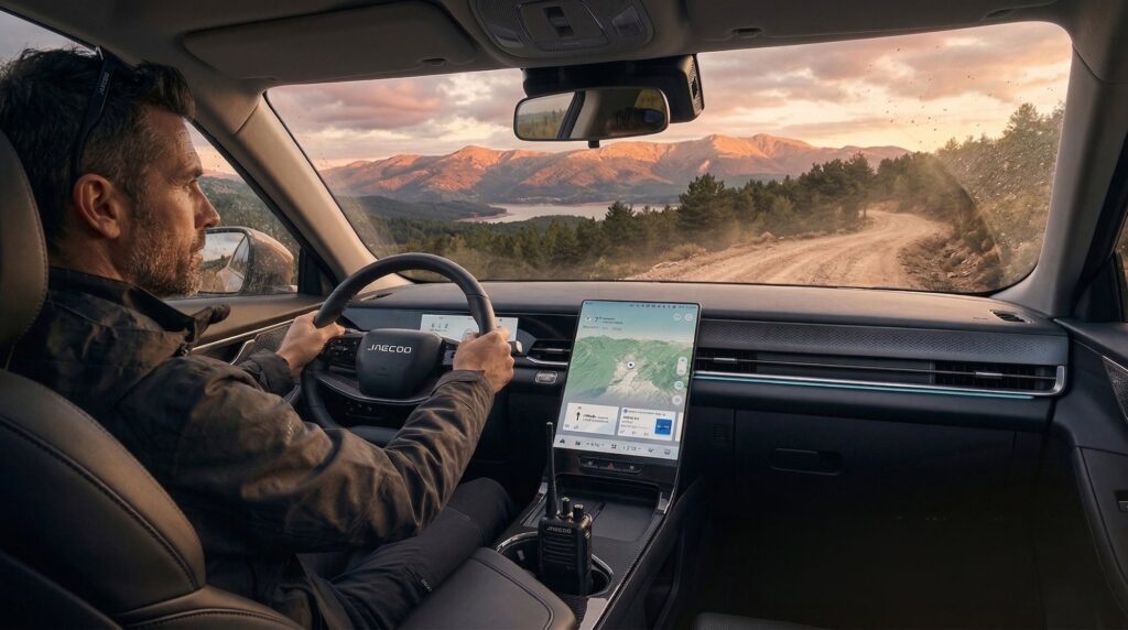 Conductor al volante del JAECOO, con el paisaje de montaña al fondo. Visualización creada con IA.