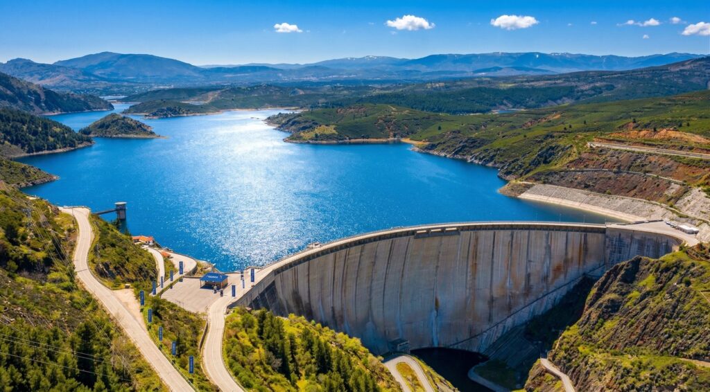 Vista aérea del embalse de El Atazar, uno de los escenarios de la presentación. Visualización creada con IA.