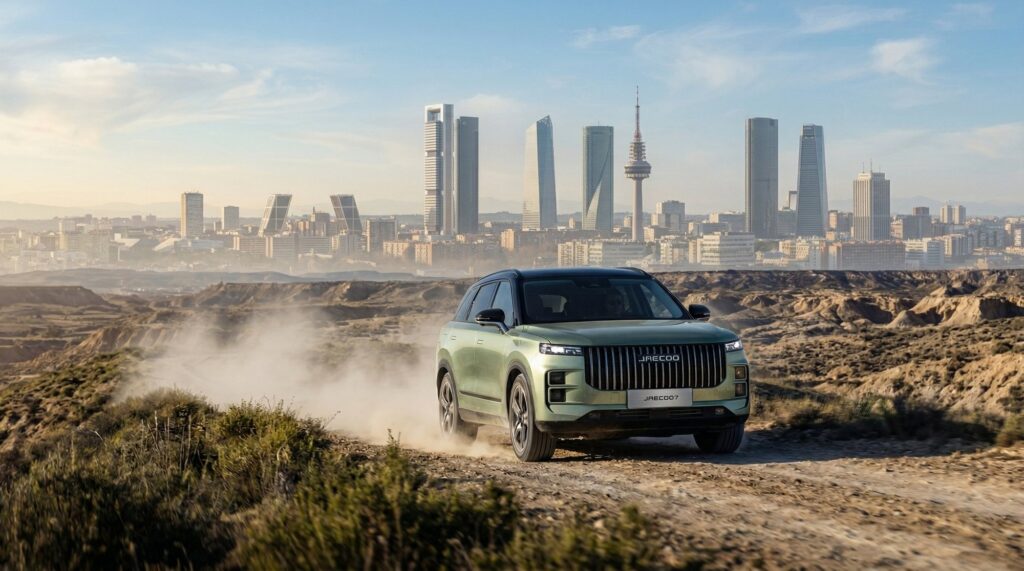 JAECOO en un camino de tierra levantando polvo, con el perfil de Madrid al fondo. Visualización creada con IA.
