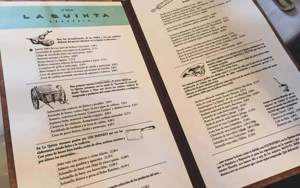 Carta de La Quinta Brasería maquetada por Mariona Agency