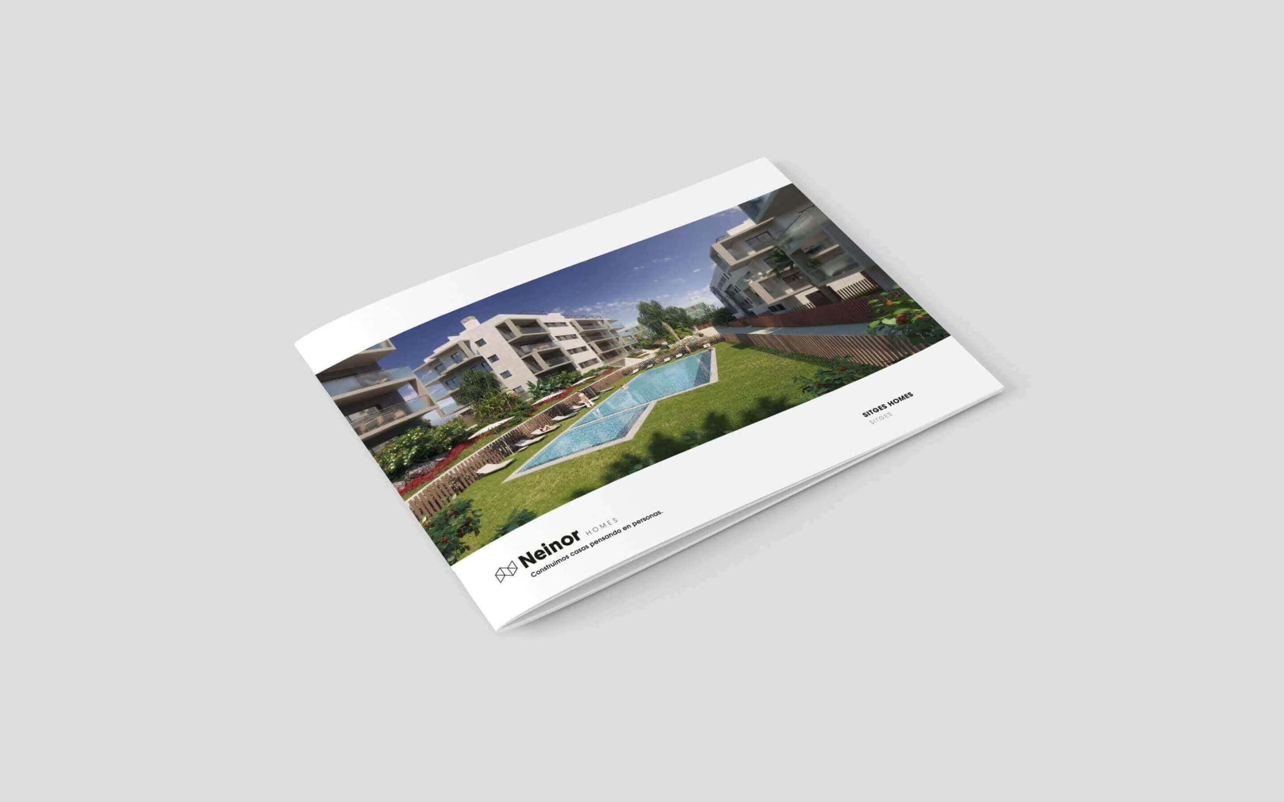 Doble página de promoción inmobiliaria de Neinor Homes, obra de Mariona Agency