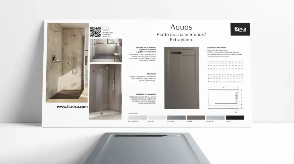 Página del catálogo Aquos de Roca, diseño editorial de Mariona Agency