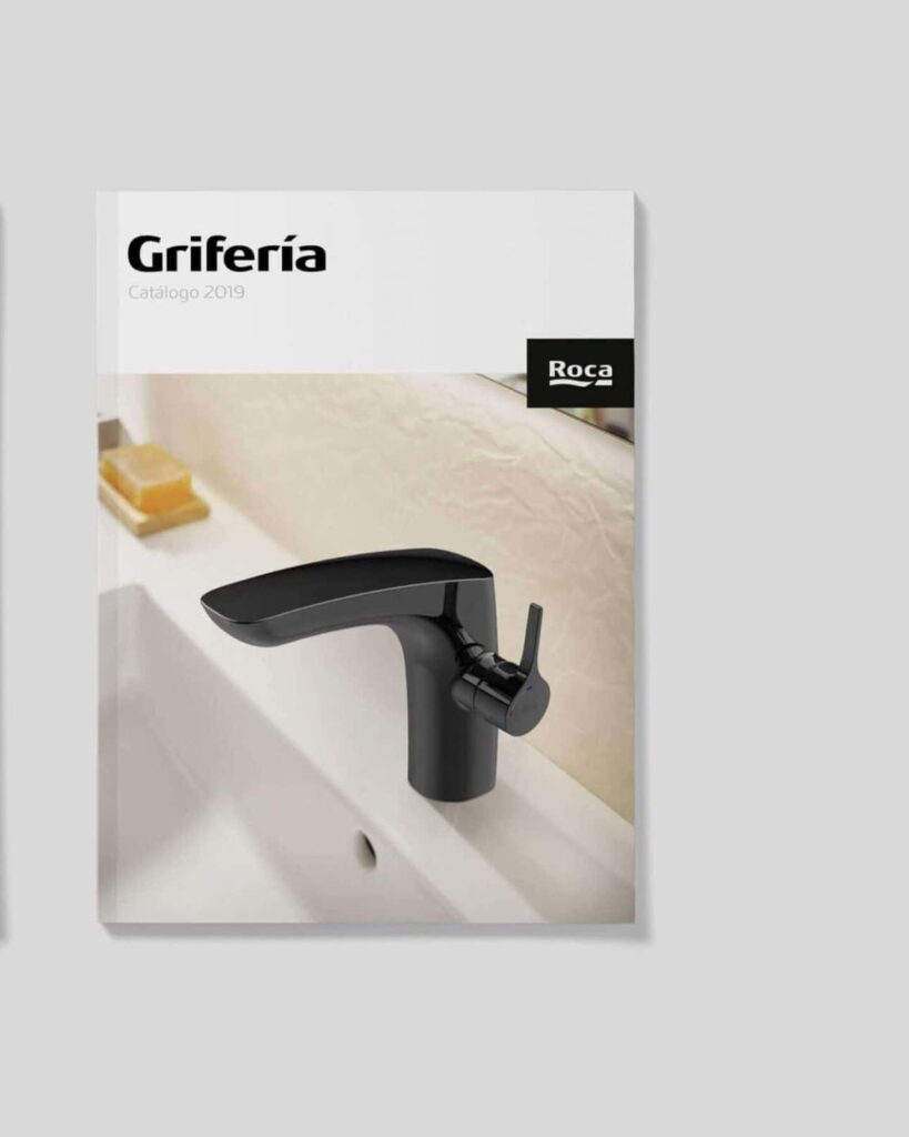 Cubierta del catálogo de grifería de Roca, con un grifo negro sobre un lavabo blanco
