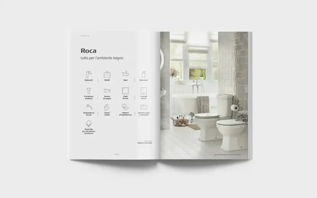 Doble página del catálogo de Roca con ambiente de baño en hormigón, diseño editorial de Mariona Agency