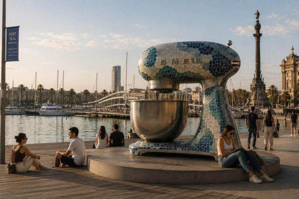 Batidora Smeg gigante de trencadís en el Port Vell, junto al monumento a Colón. Visualización creada con IA.