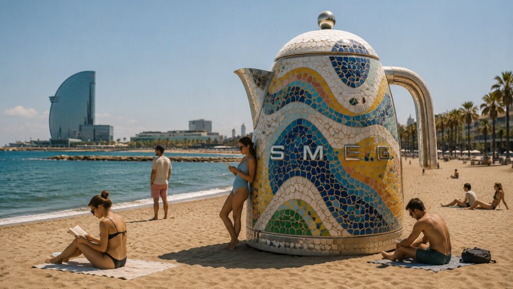 Hervidor Smeg gigante de trencadís en la playa, con bañistas alrededor. Visualización creada con IA.