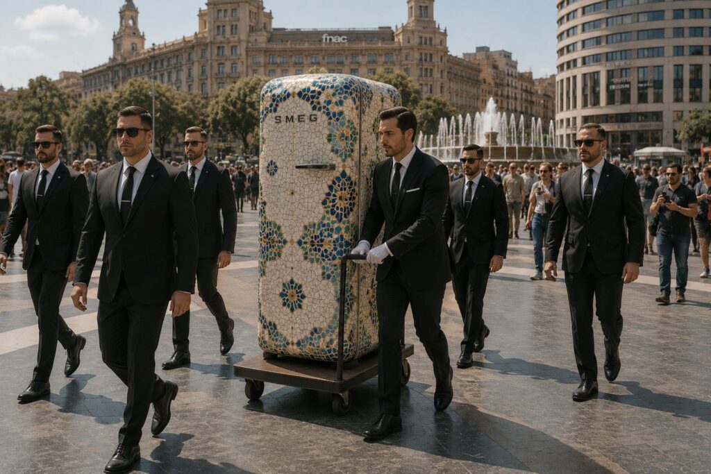 Nevera Smeg de trencadís trasladada por un equipo de seguridad en plena calle. Visualización creada con IA.