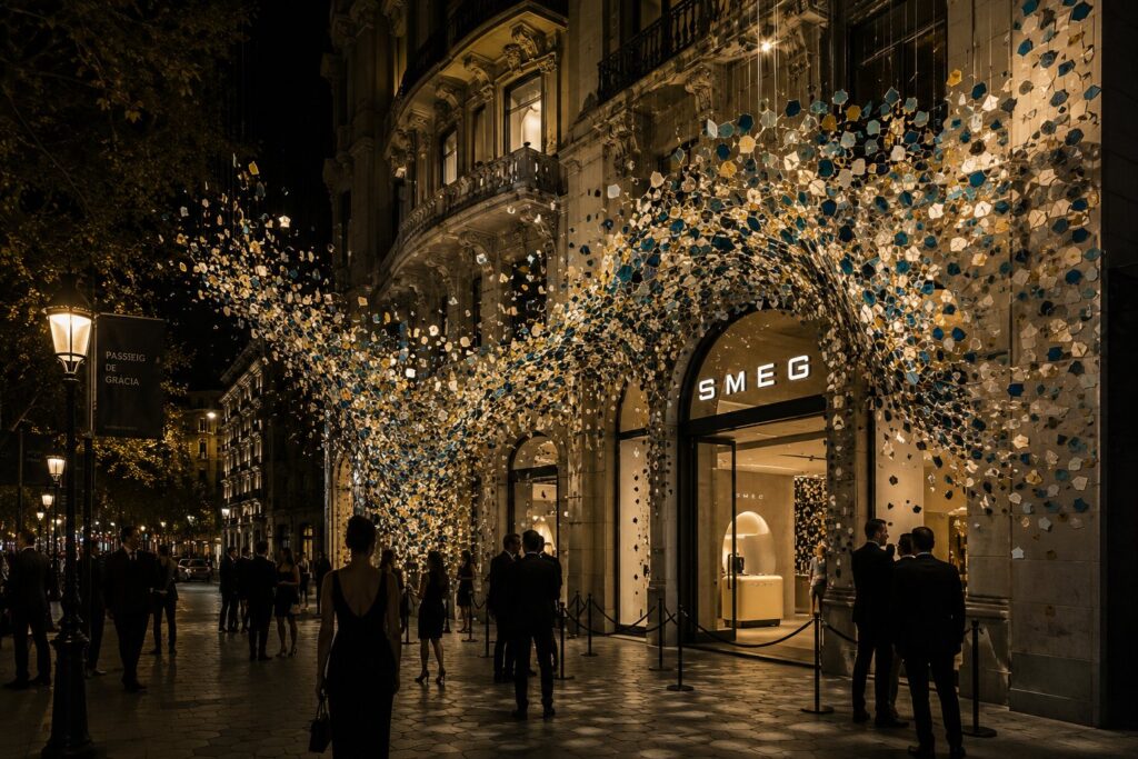 Fachada de la tienda Smeg de noche, bajo una instalación de piezas de trencadís. Visualización creada con IA.