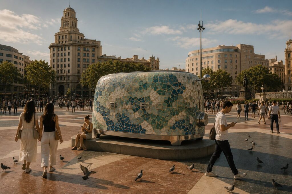 Tostadora Smeg gigante revestida de trencadís en una plaza del centro de Barcelona. Visualización creada con IA.