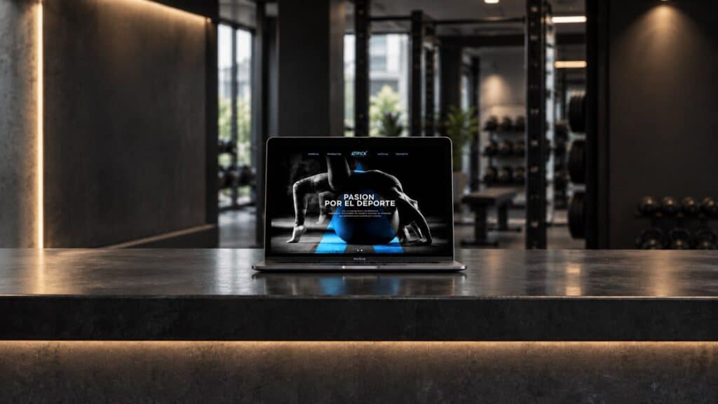 Recreación: la web de Atipick en un portátil, en un gimnasio