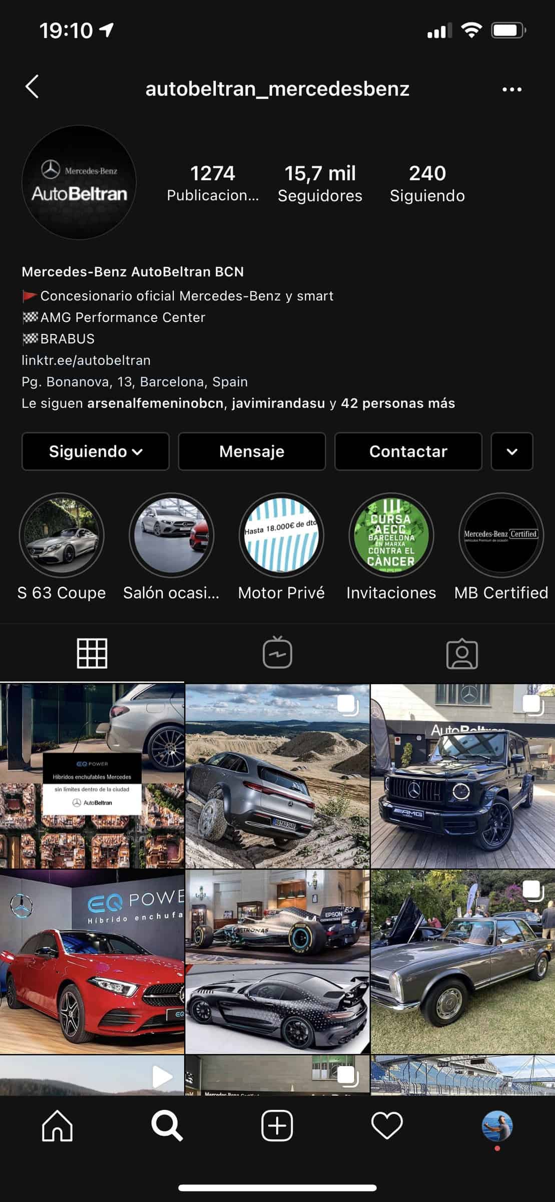 Perfil de Instagram de AutoBeltrán Mercedes-Benz con su contenido de marca