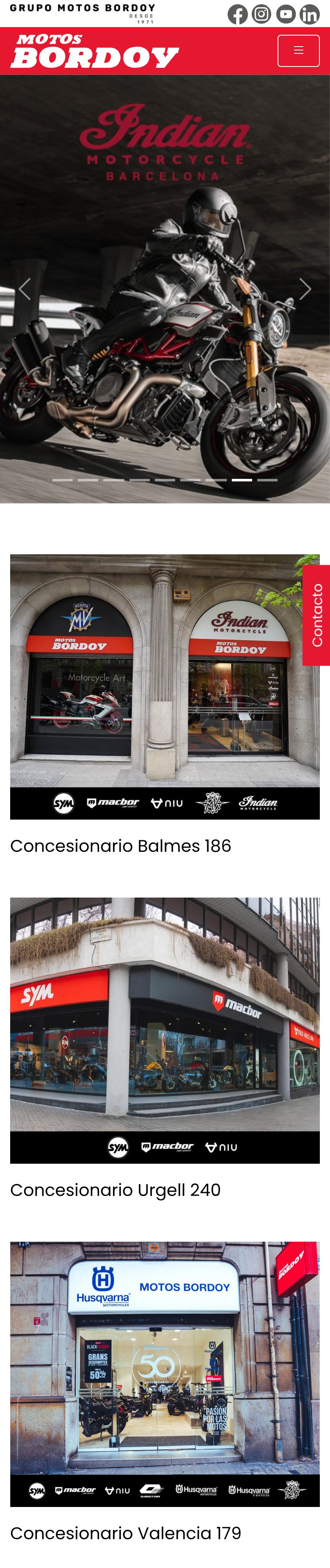 La web de las tiendas de Motos Bordoy en el móvil: la portada y las tiendas de Balmes, Urgell y València