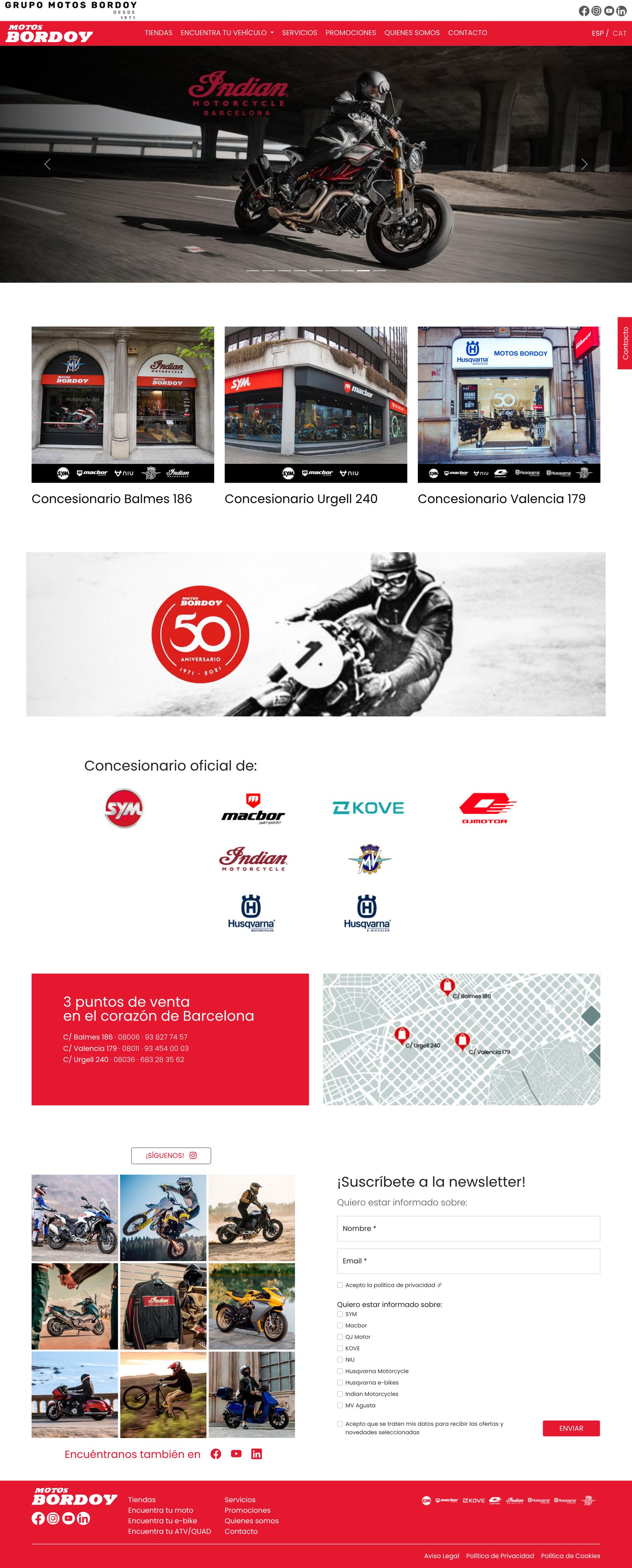 La web de las tiendas de Motos Bordoy en Barcelona, motosbordoybarcelona.com, en escritorio: Indian Motorcycle Barcelona, las tres tiendas y sus marcas