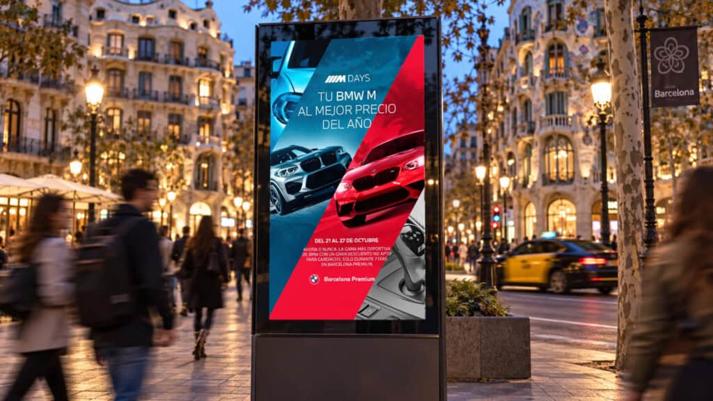 Recreación: campaña M Days de BMW Barcelona Premium en un mupi digital al atardecer