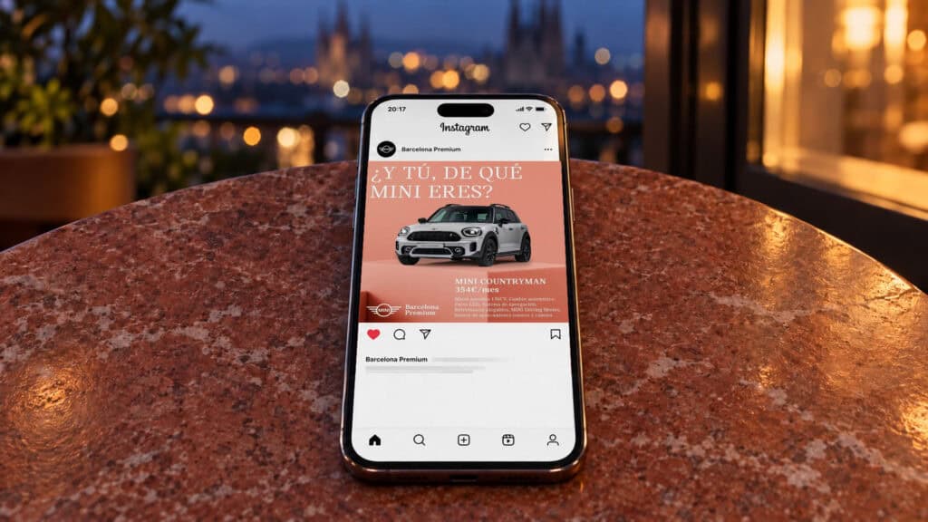 Recreación: publicación de Instagram del MINI Countryman para Barcelona Premium en un móvil sobre una mesa de piedra