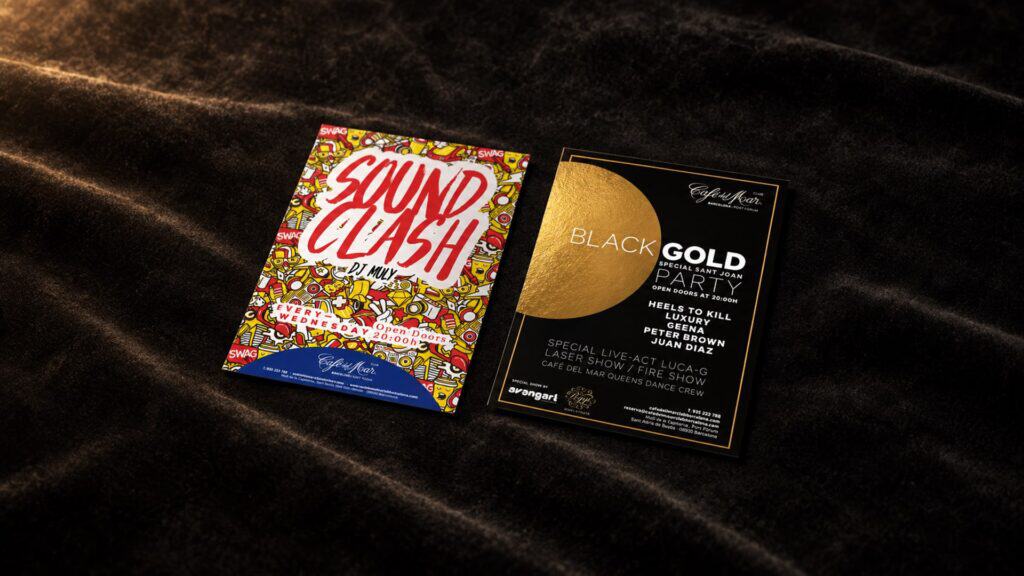 Recreación: flyers de las fiestas Sound Clash y Black Gold de Café del Mar sobre terciopelo negro