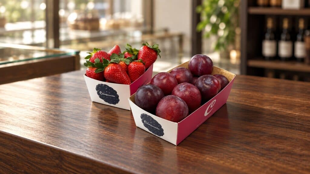 Recreación: cestas de fruta de Camarasa con fresas y ciruelas sobre una mesa de madera