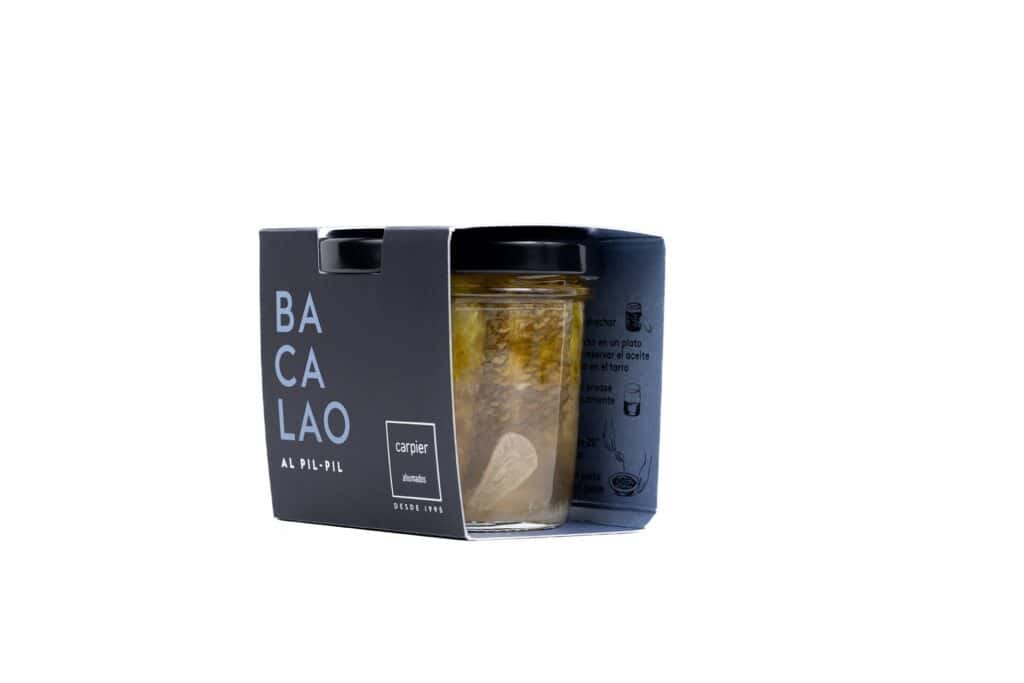 Tarro de bacalao al pil-pil de Carpier con su funda de packaging