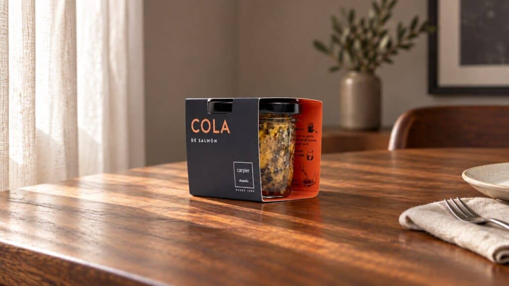 Recreación: cola de salmón de Carpier sobre una mesa de madera
