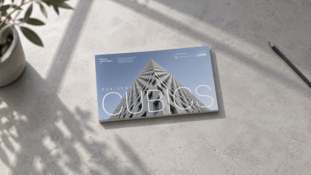 Recreación: portada del Offering Memorandum de Cubics para CBRE sobre una mesa