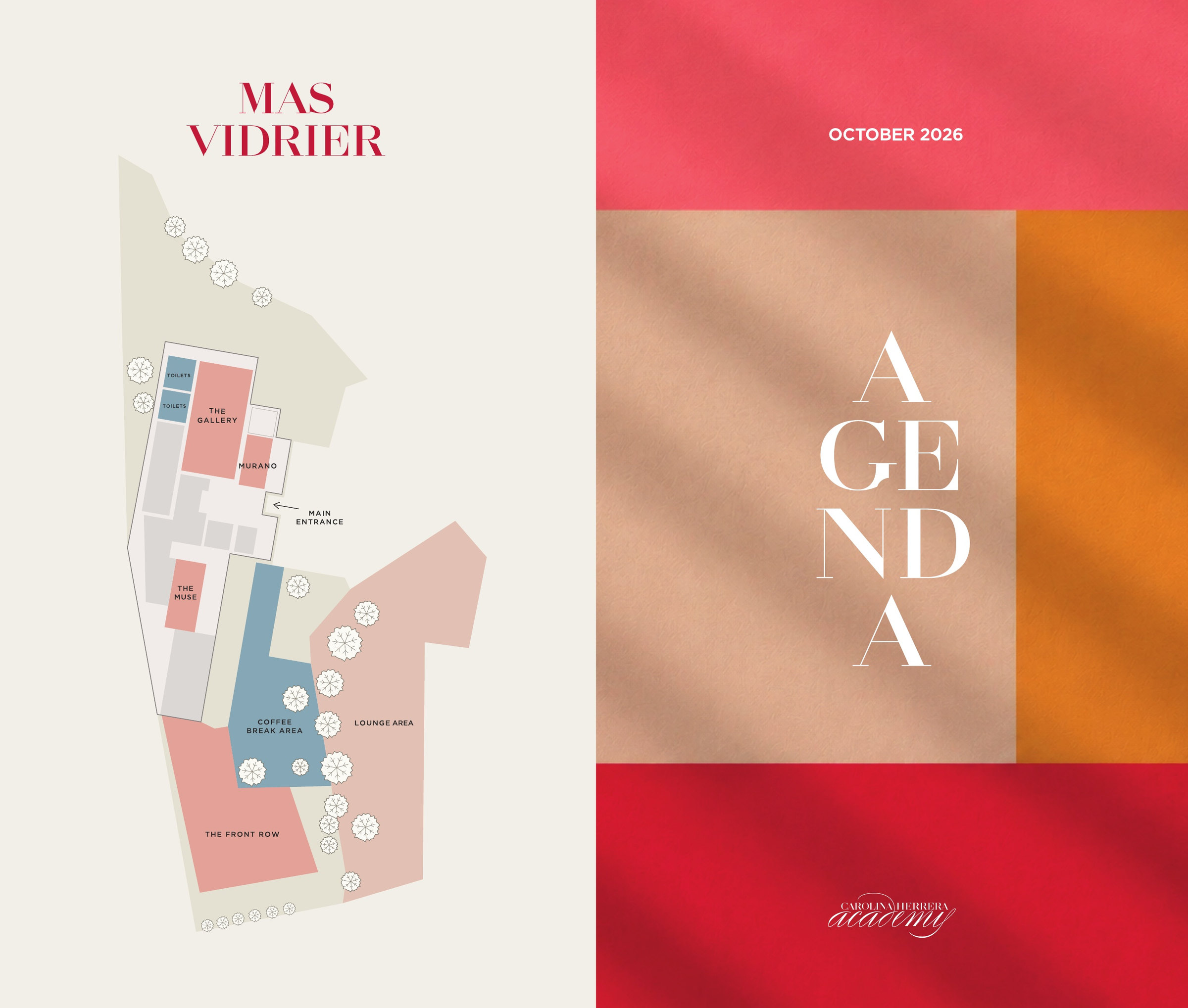 La agenda impresa del seminario: portada con bandas de color y el plano de Mas Vidrier con sus salas
