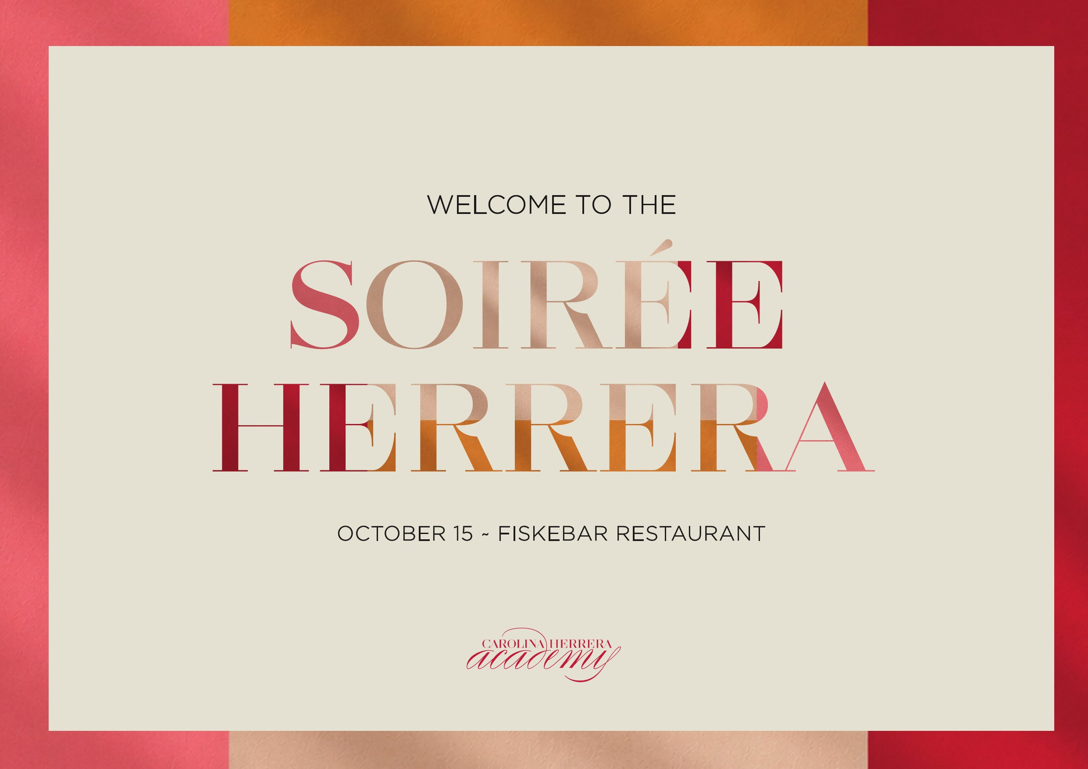 Invitación de la Soirée Herrera, el 15 de octubre en el restaurante Fiskebar, con el marco de bandas de color del seminario