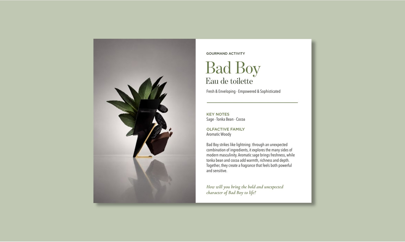 Tarjeta de fragancia de Bad Boy para el taller Gourmand Activity