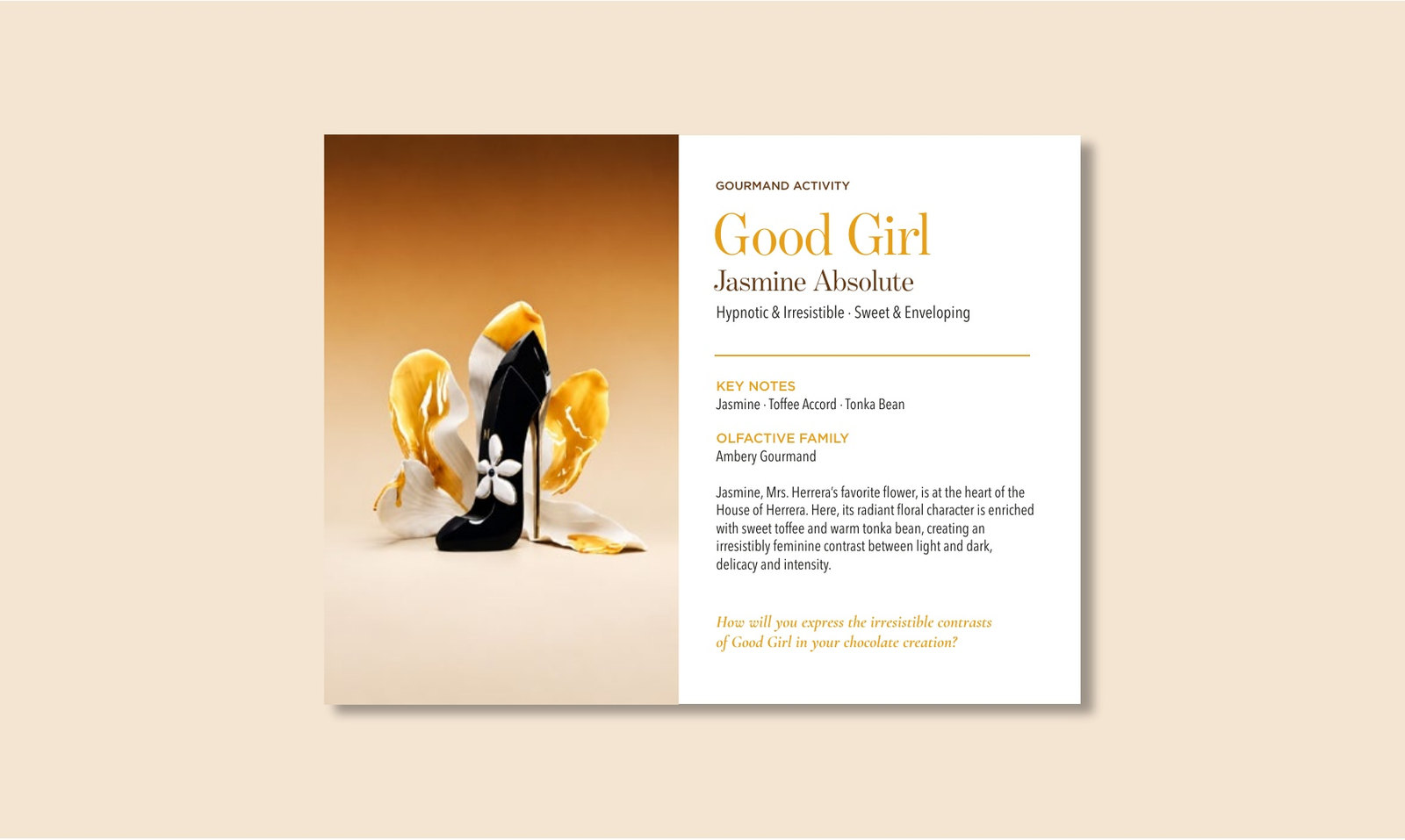 Tarjeta de fragancia de Good Girl Jasmine Absolute para el taller Gourmand Activity