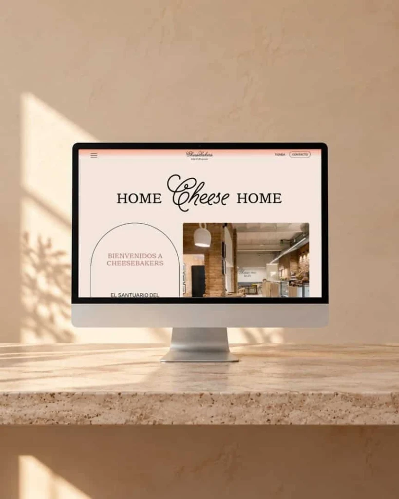 Recreación: portada de la web de Cheesebakers, «Home Cheese Home», en un ordenador sobre una mesa de piedra