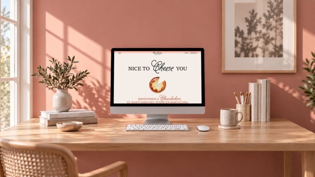 Recreación: página «Nice to Cheese you» de la web de Cheesebakers en un ordenador sobre un escritorio