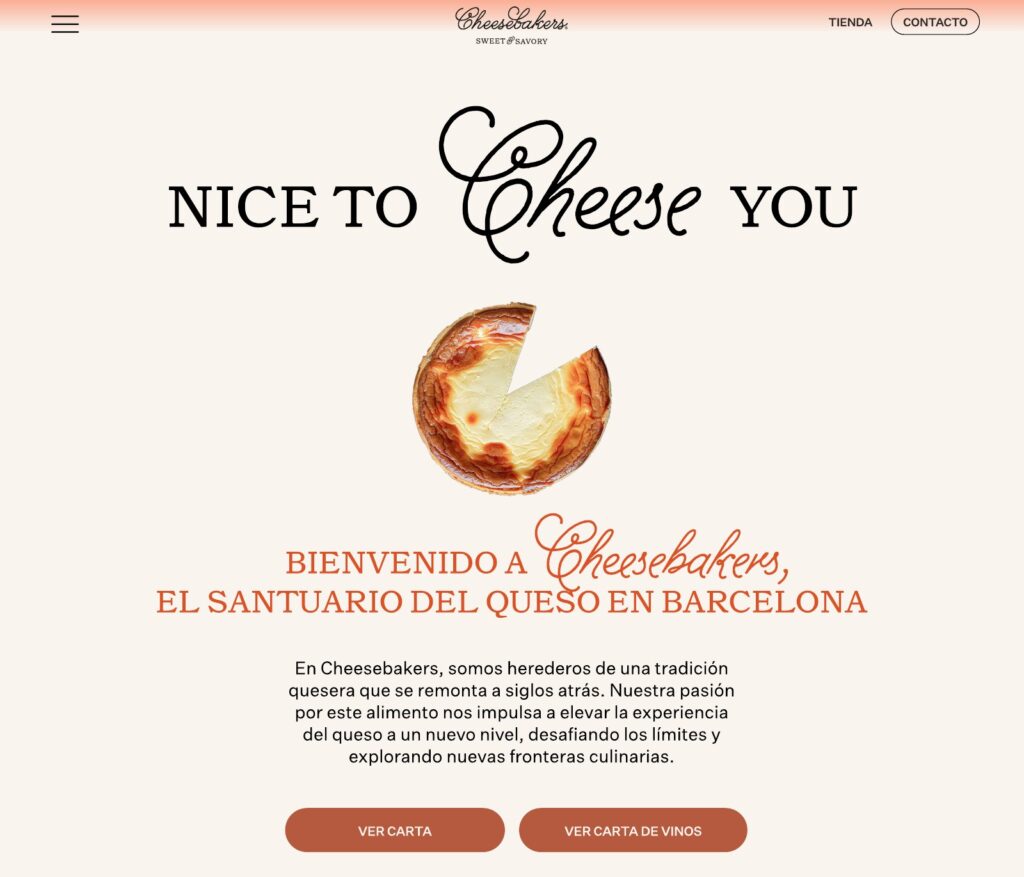 Página de presentación de Cheesebakers: «Nice to Cheese you» con su tarta de queso