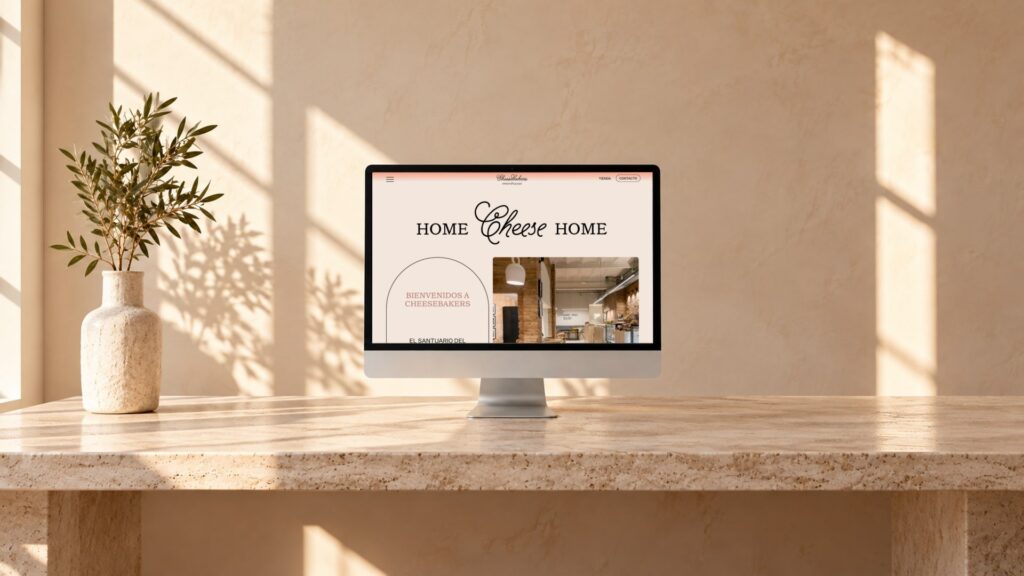 Recreación: portada de la web de Cheesebakers, «Home Cheese Home», en un ordenador sobre una mesa de piedra