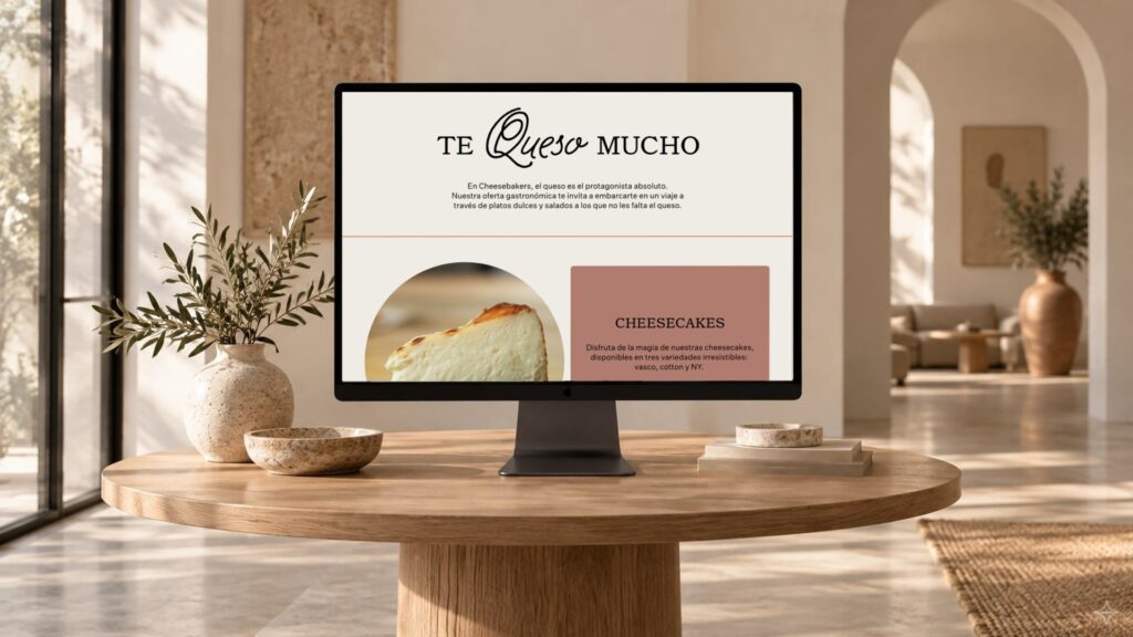 Recreación: sección «Te queso mucho» de la web de Cheesebakers en una pantalla sobre una mesa redonda