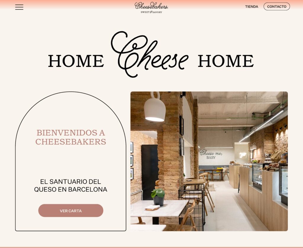 Portada de la web de Cheesebakers: «Home Cheese Home», la bienvenida y el acceso a la carta