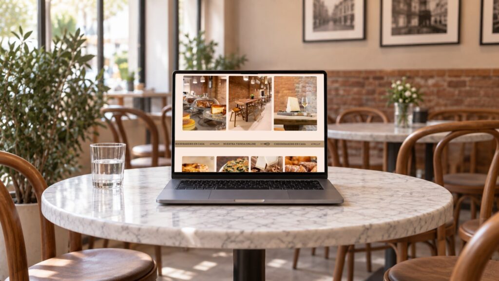 Recreación: galería de fotografías de la web de Cheesebakers en un portátil sobre una mesa de mármol