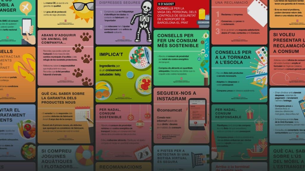 Muro de publicaciones ilustradas de la Agència Catalana del Consum diseñadas por Mariona Agency