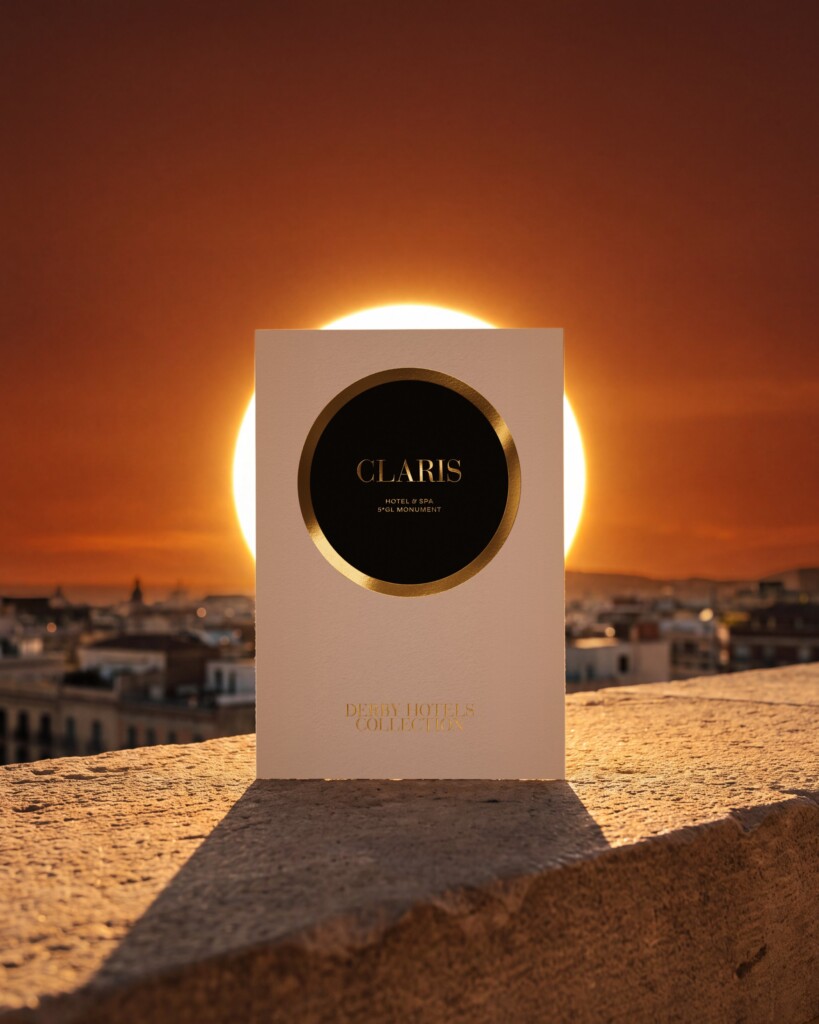 Visualisation: the La Terraza del Claris 2026 invitation, a black circle in a ring of gold foil, eclipses the sun over the rooftops of Barcelona