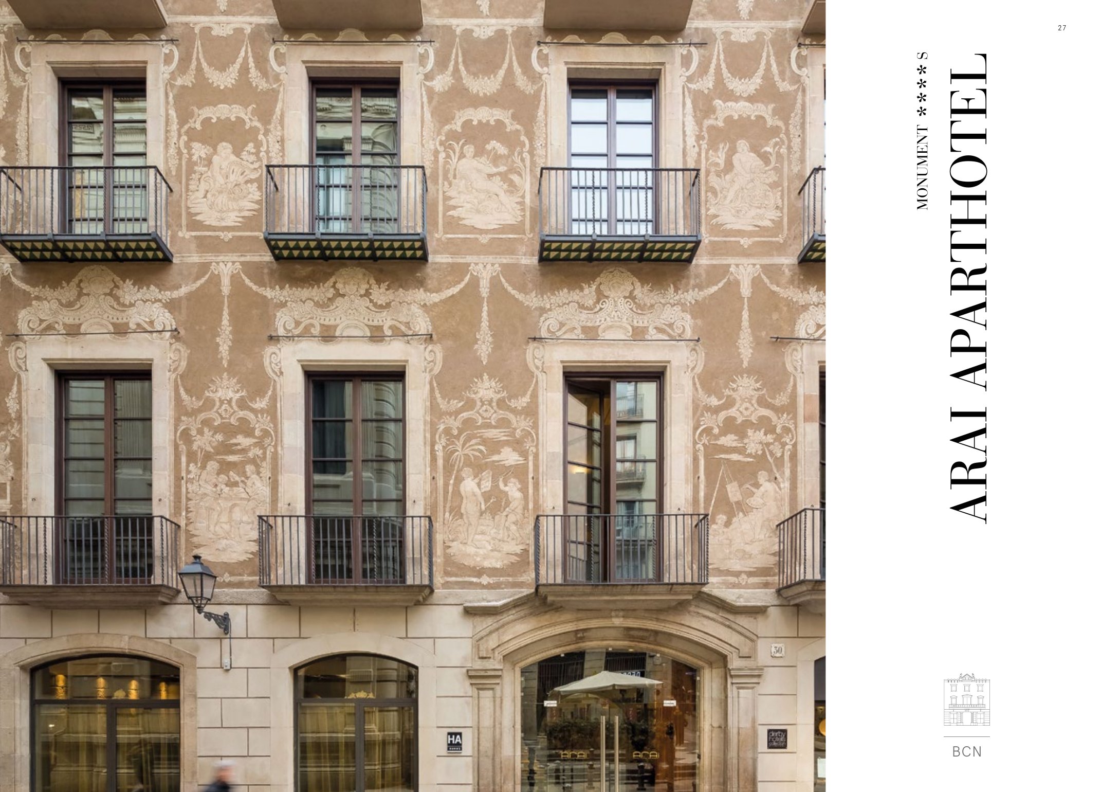 Apertura del Arai Aparthotel en el brandbook: la fachada con sus frescos