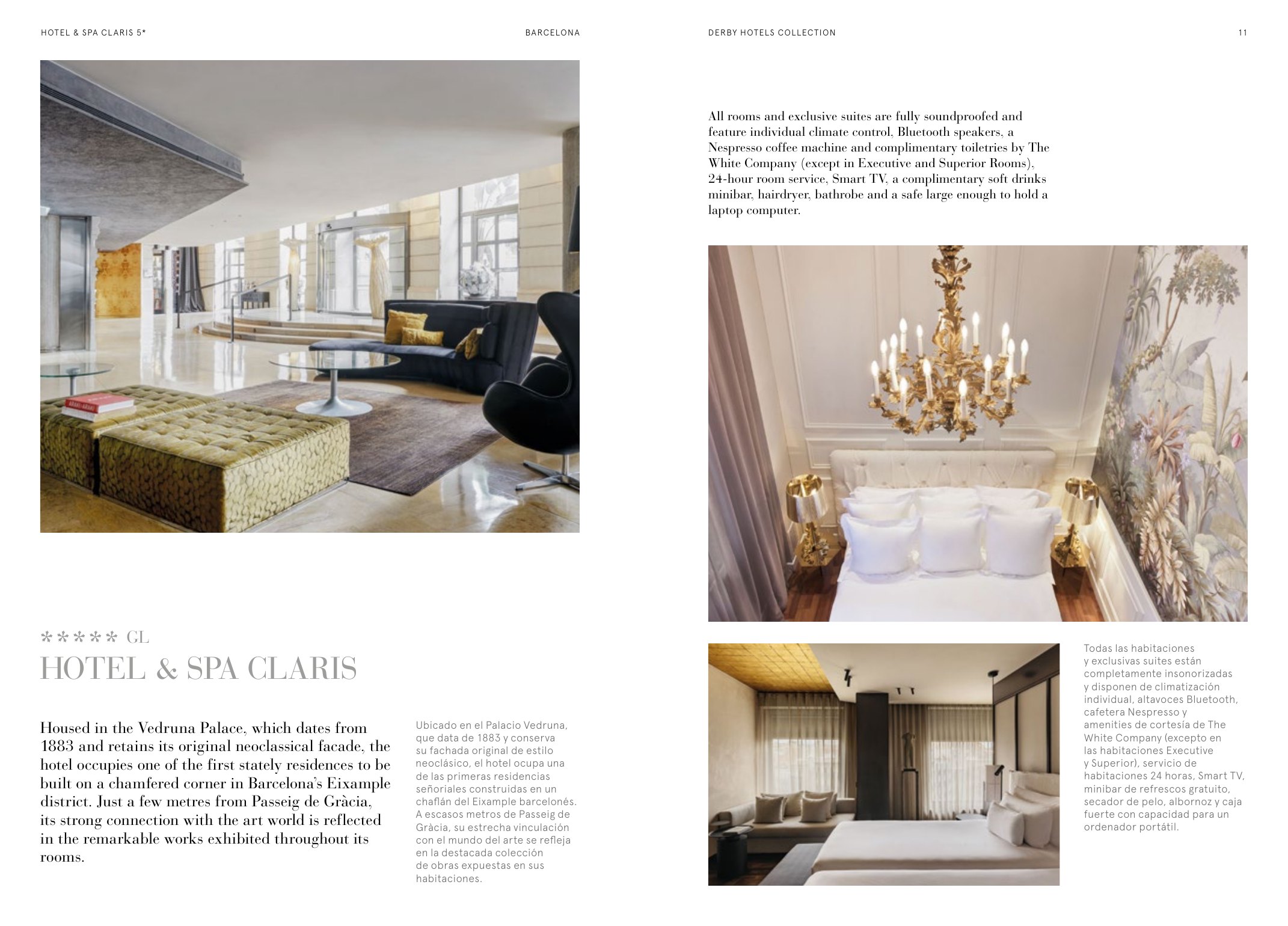 Doble página del Hotel & Spa Claris en el brandbook: un salón y una habitación