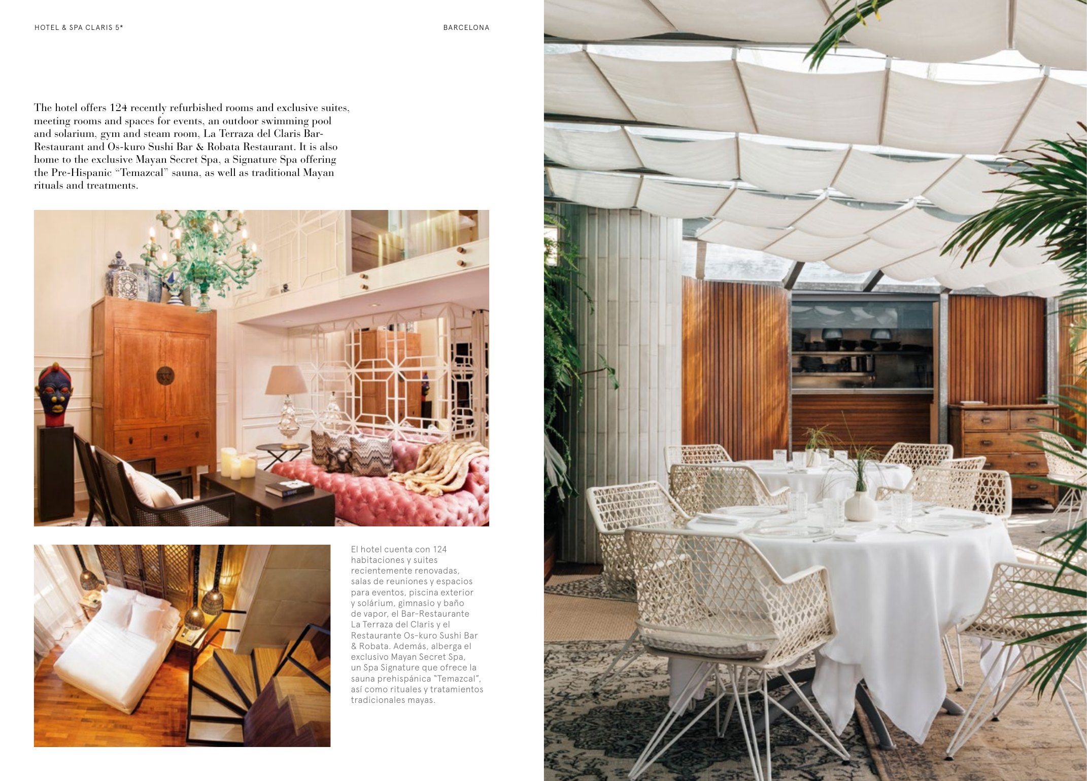 Doble página del Hotel & Spa Claris en el brandbook: una suite y la terraza a página completa