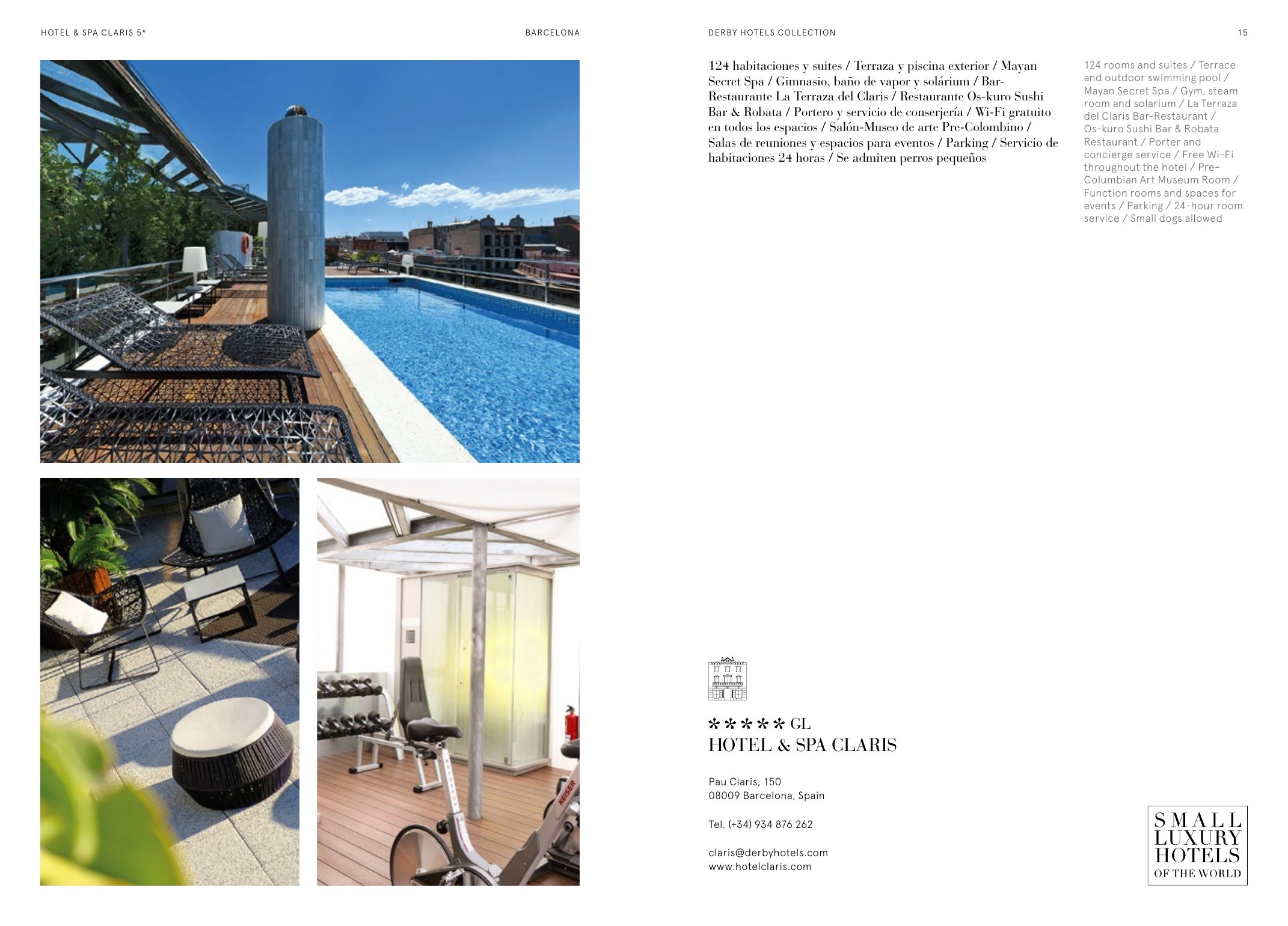 Doble página del Hotel & Spa Claris en el brandbook: la piscina de la azotea y el gimnasio